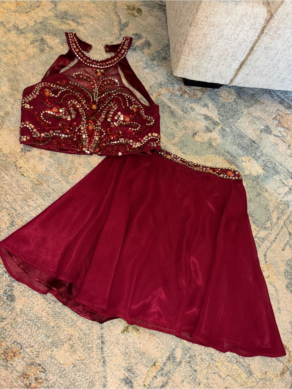 Girls Embellished Burgundy Two-Piece Dress